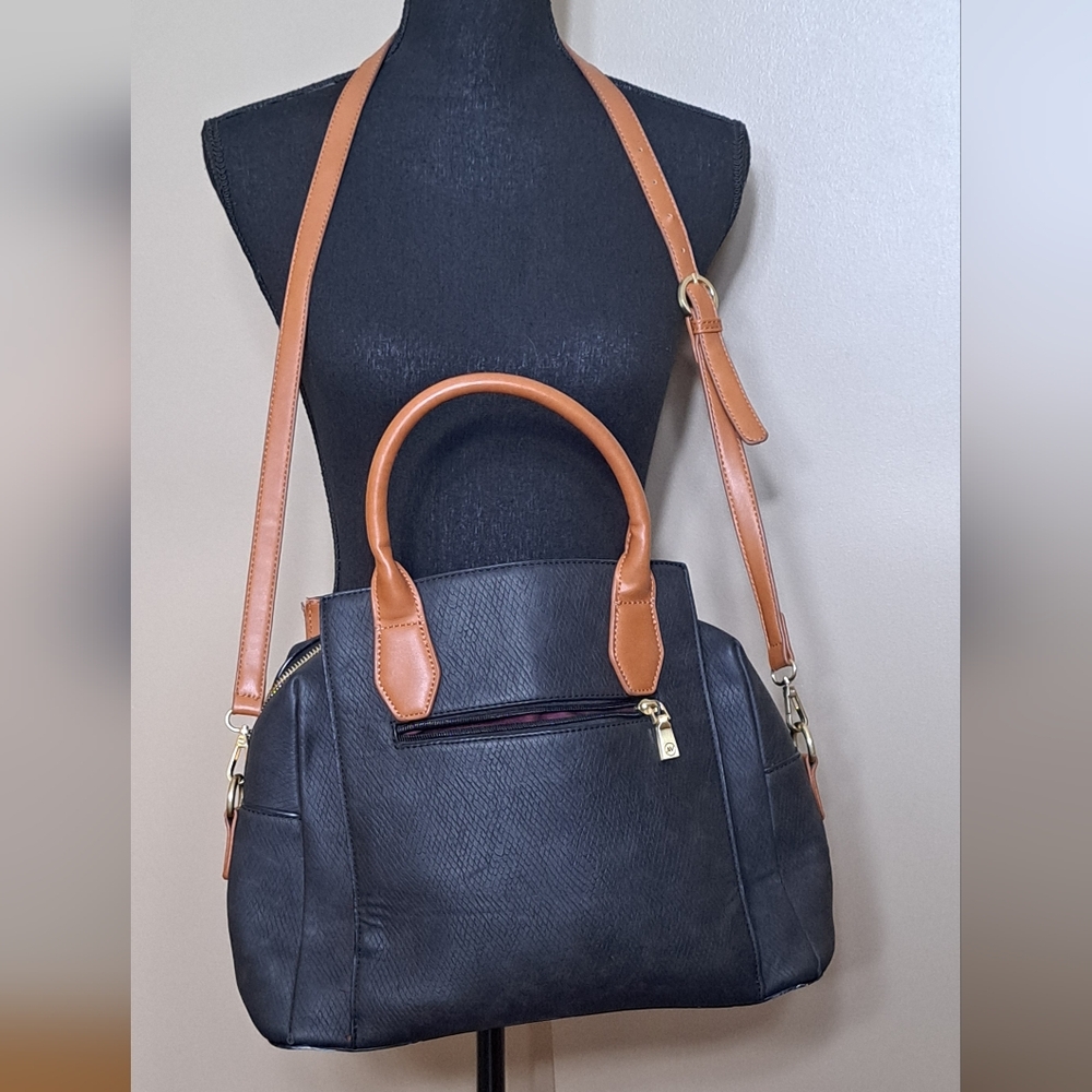 Adrienne Vittadini | Large Black/Brown Faux Leather Dome Satchel Crossbody Bag - Picture 2 of 16